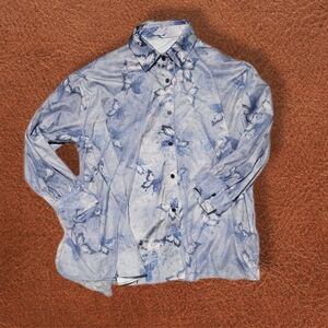 Blue And White Butterfly Print Button Down With Tulle Embellishments